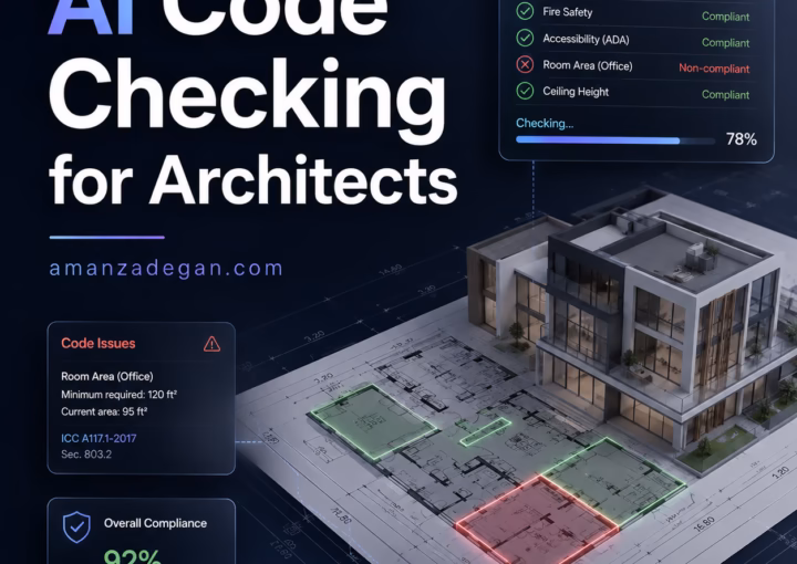 Architect reviewing AI building code checking results on drawings with highlighted compliance issues