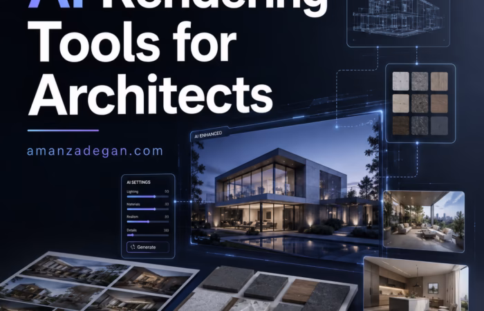 Architectural visualization workspace showing AI rendering variations generated from a 3D building model