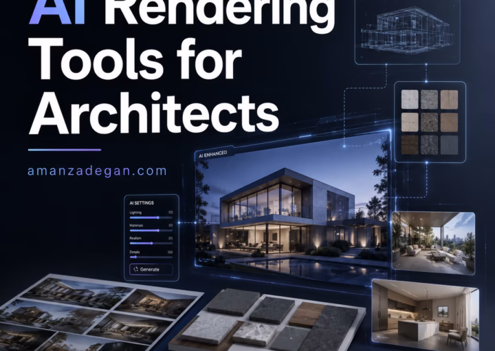 Architectural visualization workspace showing AI rendering variations generated from a 3D building model
