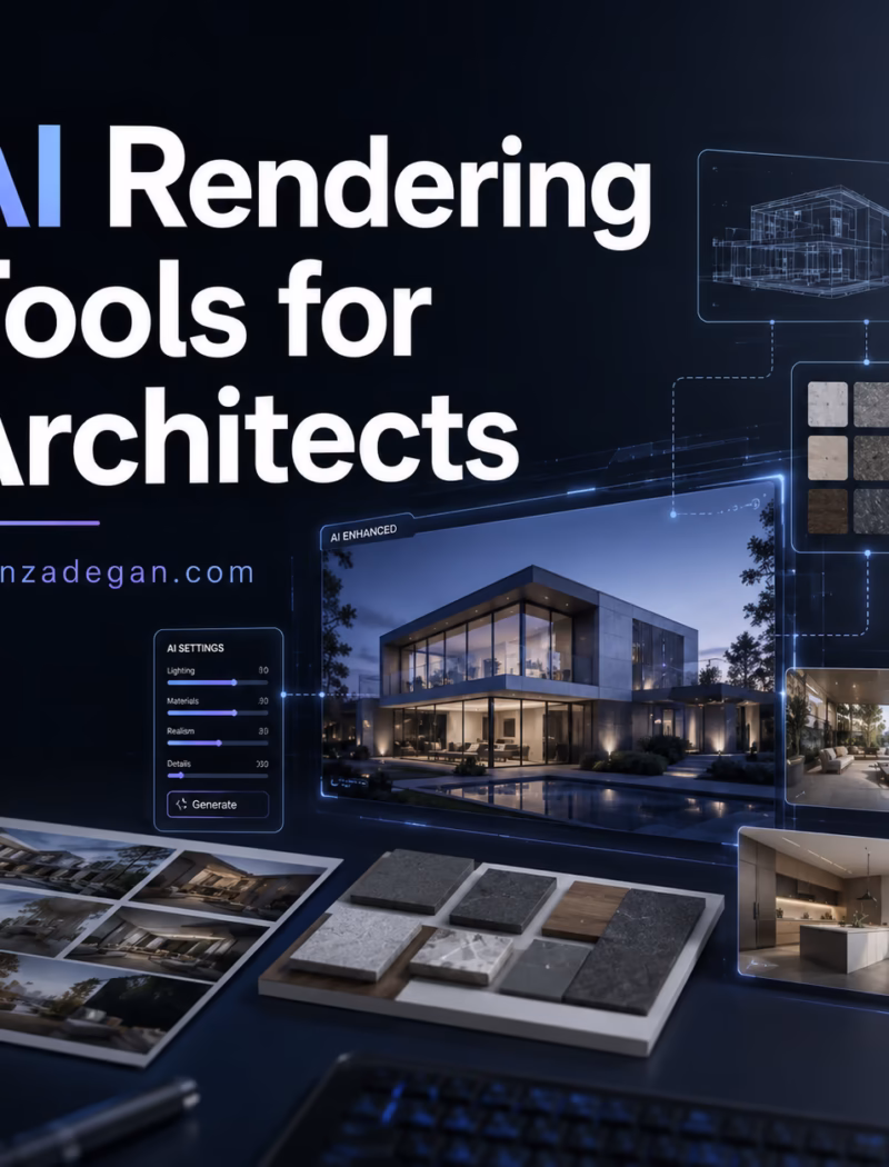 Architectural visualization workspace showing AI rendering variations generated from a 3D building model