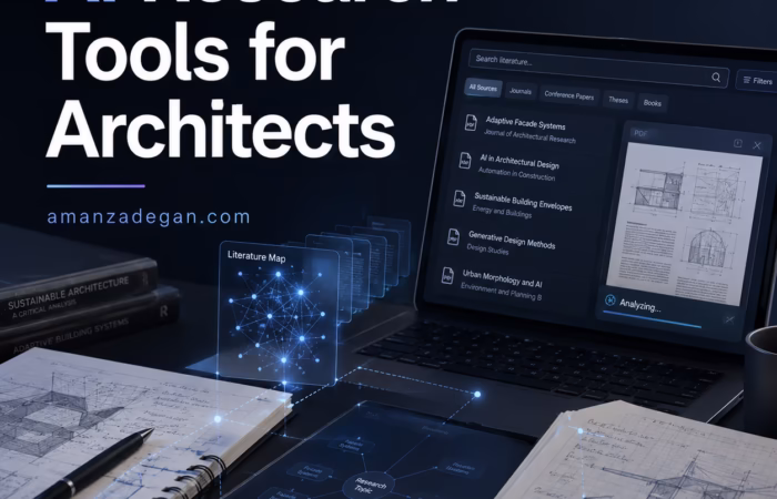 Architecture student using AI research tools to compare academic papers and BIM research sources
