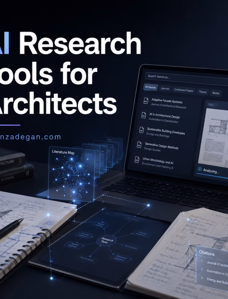 Architecture student using AI research tools to compare academic papers and BIM research sources