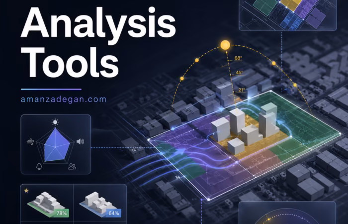 Architectural site analysis dashboard showing zoning, sunlight, wind, massing and AI-assisted design options