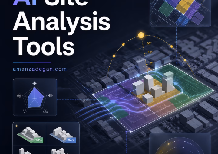 Architectural site analysis dashboard showing zoning, sunlight, wind, massing and AI-assisted design options
