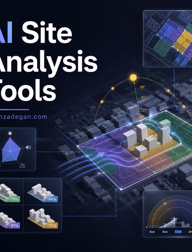 Architectural site analysis dashboard showing zoning, sunlight, wind, massing and AI-assisted design options