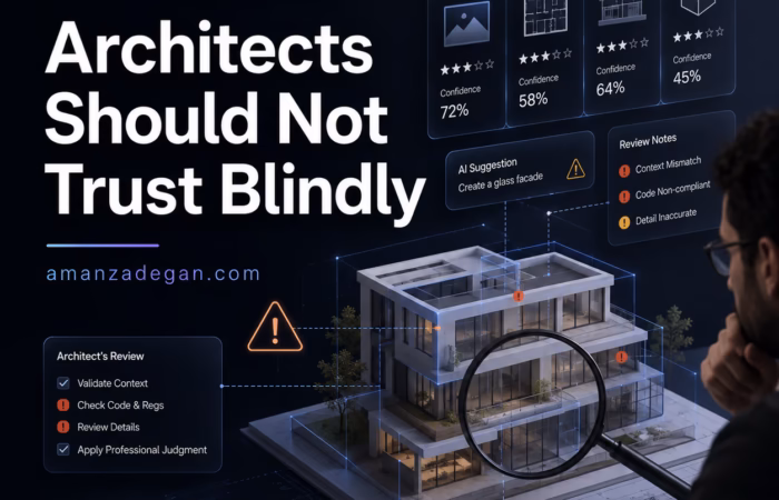 Architect reviewing AI-generated drawings and renders with red warning markers and verification checklist