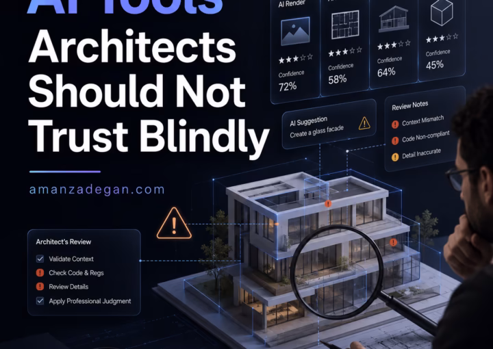 Architect reviewing AI-generated drawings and renders with red warning markers and verification checklist