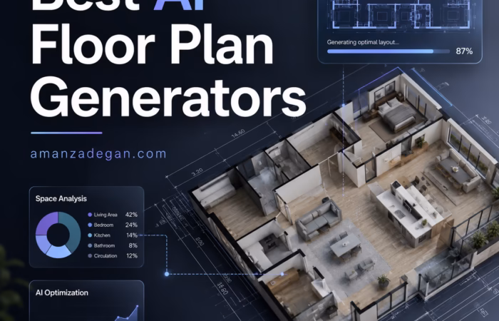 Architect using an AI floor plan generator with multiple apartment layouts and spatial presets on a digital interface